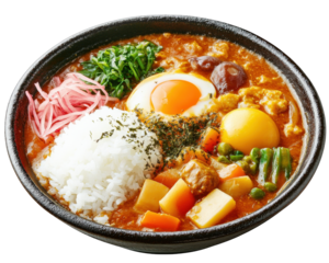 Delicious Japanese curry rice with vegetables, egg, and rice, served in black bowl. vibrant colors and rich textures create appetizing presentation