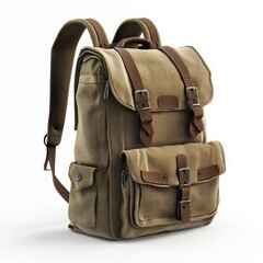 Canvas backpack with leather straps on a white background, symbolizing exploration and preparedness. Ideal for travel blogs, outdoor gear marketing, adventure themes.