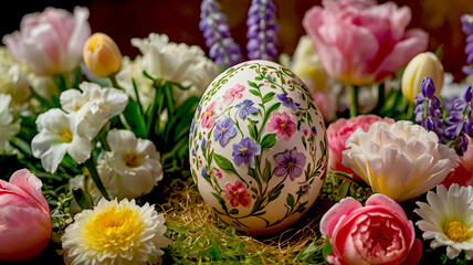Fototapeta premium Easter egg close up vibrant floral decoration