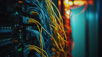 Network cables connect servers with flowing data representing connectivity and digital infrastructure. Ideal for IT, cloud computing, and cybersecurity concepts.