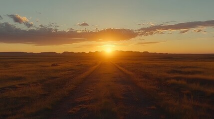 Obraz premium Golden Sunset over a Grassy Plain