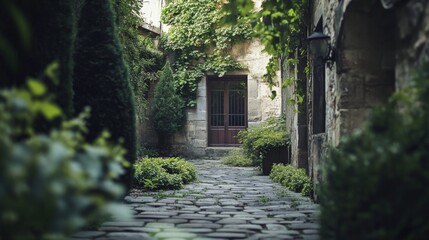 Fototapeta premium Charming cobblestone path in lush greenery