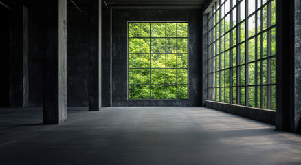 Spacious room with black walls features large windows, allowing natural light and offering a vibrant view of surrounding trees