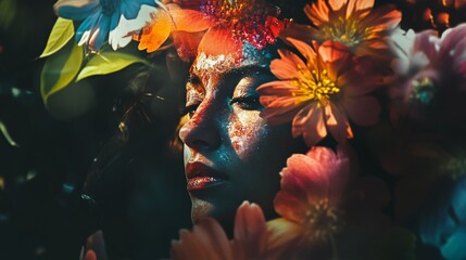 Surreal portrait with floral and dramatic makeup