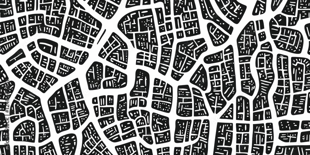 Poster black ink doodle of city map pattern on white background with intricate lines and shapes for creativ