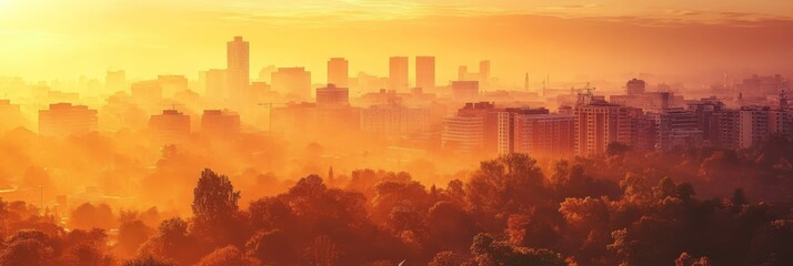 A City Landscape at Golden Hour Where Buildings Glow - A breathtaking cityscape at golden hour showcasing the beauty of urban architecture, nature's touch, serene ambiance, warm hues