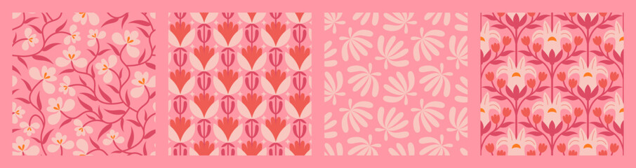 Folk floral seamless pattern collection. Set of traditional scandinavian ornaments with rustic embroidery motifs. Clean flat minimal geometric shapes in unique reflected elegant print.