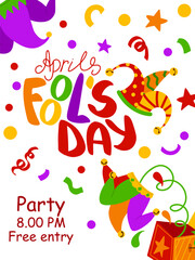 April Fool's Day vertical poster template. Vector Illustration with hand writing lettering, jack in the box, jester's hat. Party invitation. Flyer, poster, brochure, card, banner