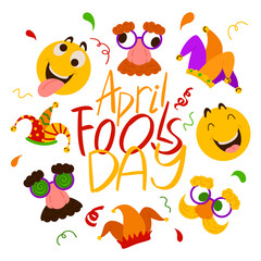 April Fool's Day poster template. Vector Illustration with hand writing lettering, disguise glasses, jester's hat, emoji. Party invitation. Flyer, poster, brochure, card, banner