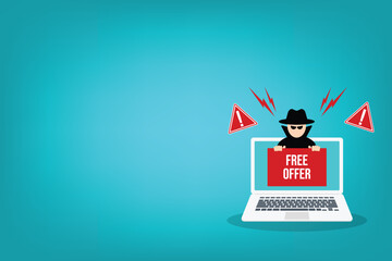 Hacker holding free offer message banner. Hacking concept.	