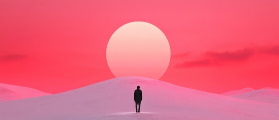 a lone figure stands before a massive sun in a surreal landscape