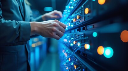 Network engineer working in server room with blue glowing equipment. Data center management for Cyber Monday, Black Friday and Christmas sales. IT infrastructure maintenance concept with copy space