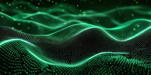 Fototapeta premium Dynamic green wave pattern with glowing dots creating a mesmerizing visual effect in a digital landscape