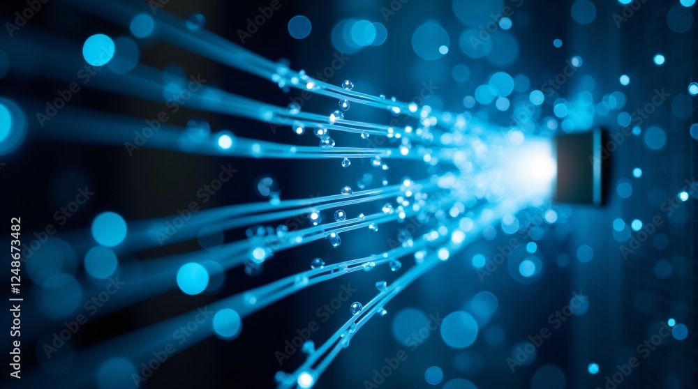 Aufkleber technology data transmission. blue glowing fiber optic cables transmitting digital data with light s