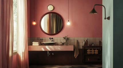 Charming pink bathroom with round mirror