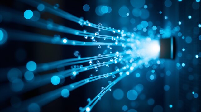 Technology data transmission. Blue glowing fiber optic cables transmitting digital data with light streaks and bokeh effect for technology background. Network connection concept  - Powered by Adobe