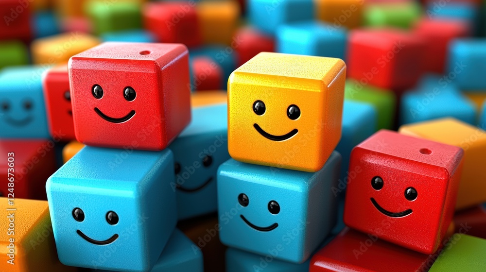 Poster colorful 3d blocks with happy faces create an uplifting atmosphere of joy and playfulness in a vibra
