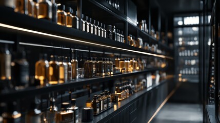 Illuminated rows of luxury bottled products