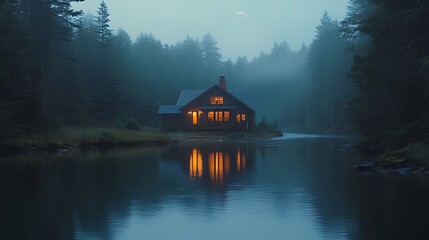 Fototapeta premium Lakeside cabin glows at twilight, foggy forest