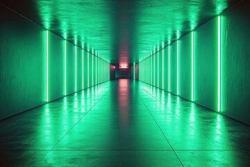 A futuristic corridor illuminated by vibrant green lights, leading to a mysterious red-lit area in the background