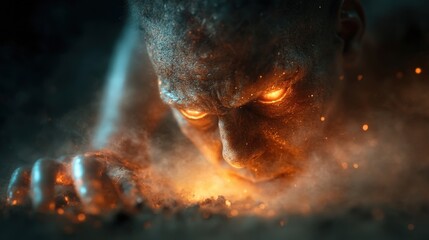 A captivating image of a figure crawling through a cloud of dust, their eyes glowing with a fiery intensity, evoking a sense of struggle, emotional turmoil, and mysterious energy.