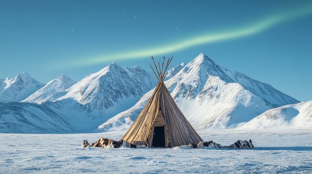 A large Inuit tepee made of wood and animal skins in a snowy landscape - A picturesque scene of a large Inuit tepee made from natural materials set against breathtaking snowy mountains showcasing natu