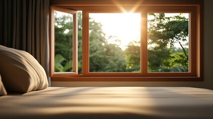 Fototapeta premium Serene bedroom with sunlight streaming through open window, lush greenery visible outside