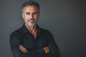 Fototapeta premium A man in a black shirt stands with arms crossed in front of him
