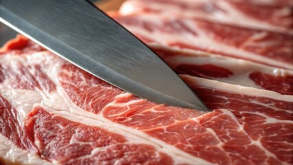 A closeup capturing the knife in motion slicing seamlessly through the meat the thin translucent layer of fat glistening under the kitchen light revealing the difference in texture
