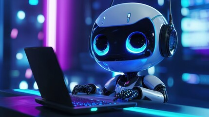Cute robot typing on a laptop in a neon city setting, symbolizing future tech and AI integration. Ideal for illustrating technology, AI, and futuristic themes.