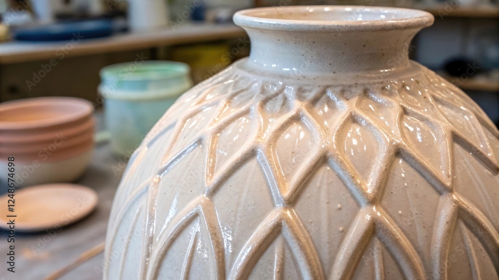 Poster A closeup focuses on the texture of the ceramic vase being painted showing the soft sheen of wet glaze pooling into the grooves of the artisans design catching the light