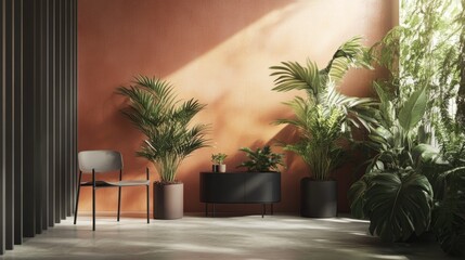 Fototapeta premium Modern patio with tropical plants and warm tones