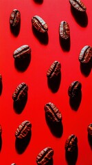 Coffee Beans Pattern on Vivid Red Background