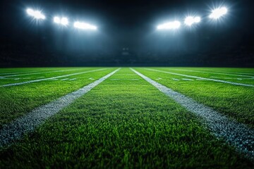 Obraz premium Dramatic football field under floodlights with vivid green grass texture and cinematic spotlight effect