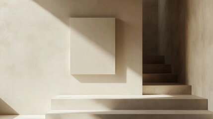 Obraz premium Beige canvas art above stairs with sunlit walls create architectural harmony. Evoking serene design and modern concepts. 