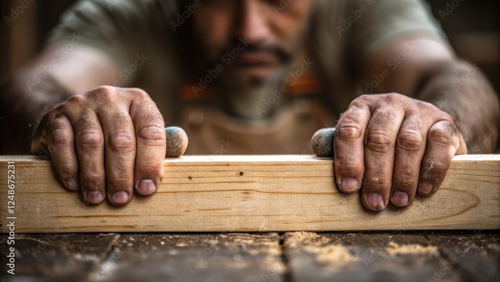 Poster A closeup of a carpenters hands gripping a wooden plank demonstrating strength and precision. The fingernails are slightly stained from work reflecting the toil of his profession.