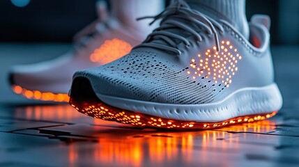 A close up of a smart sneaker with embedded sensors, tracking steps and calories burned, syncing with a fitness app on a smartphone to optimize health