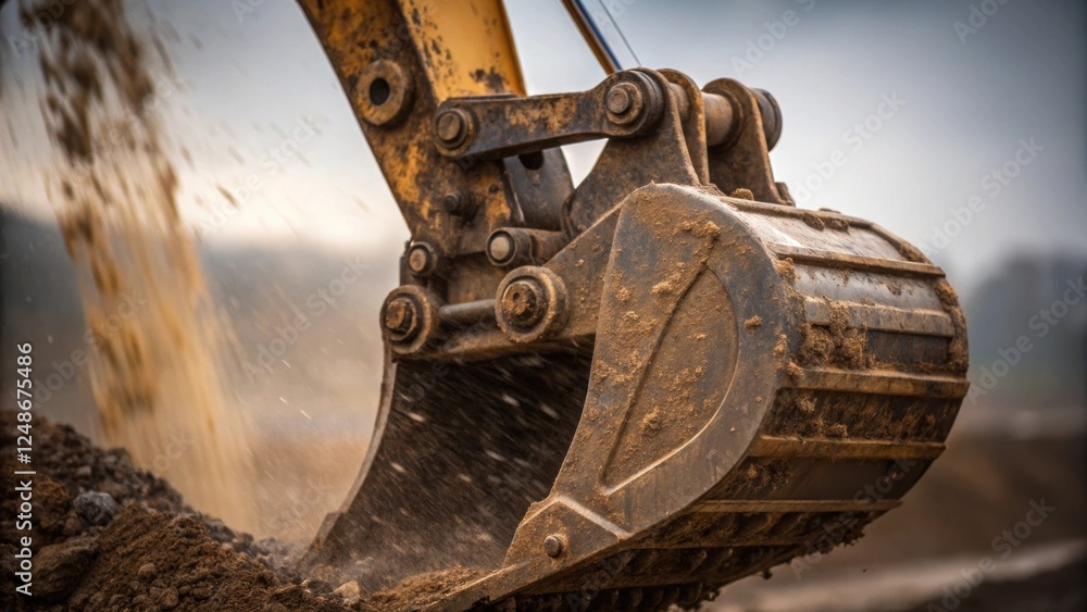 Poster a closeup of a hydraulic arm of a large excavator covered in dirt and grime showcasing the intricate