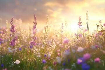ethereal spring meadow at golden hour, wildflowers swaying in gentle breeze, soft sunbeams filtering through clouds, creating dreamy atmosphere with bokeh effect