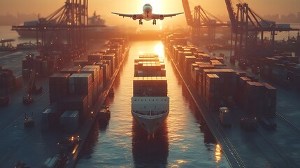 Obraz premium Cargo Plane Taking Off Over Shipping Port at Sunset