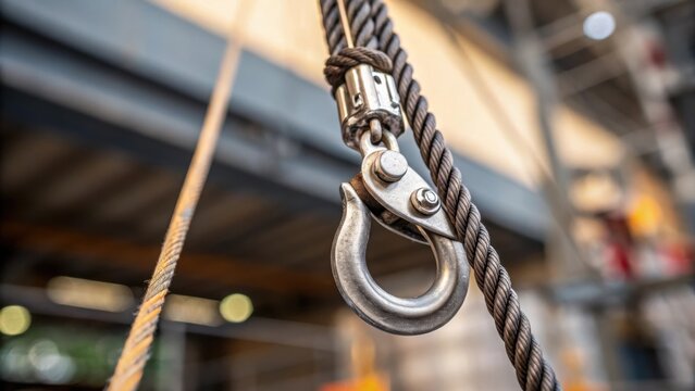 A closeup of a metal hook being attached to a cable with the riggers focused gaze and the intricate details of the hardware in sharp focus highlighting the technical aspects of the