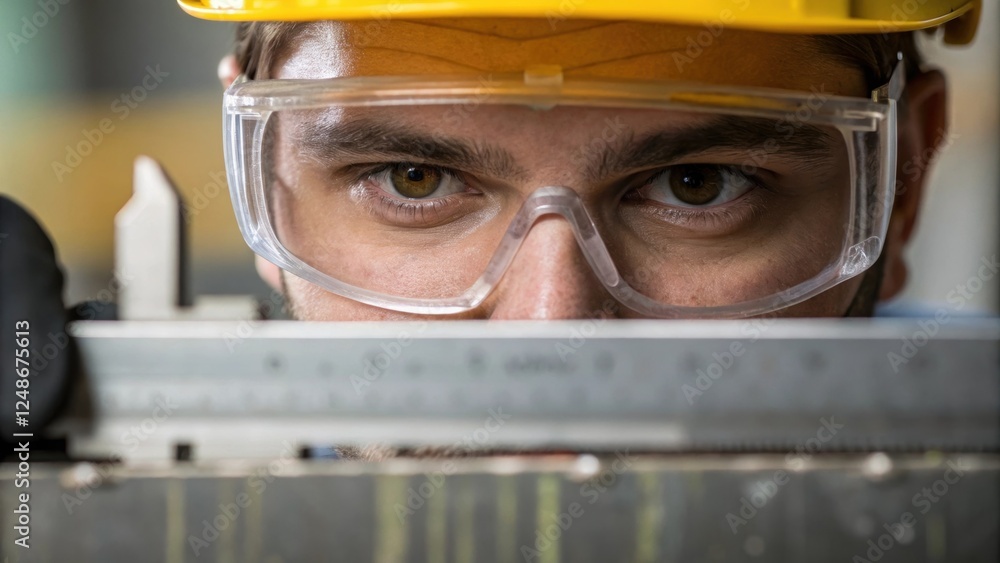 Poster A closeup of a technicians face partly obscured by safety goggles eyes narrowed in concentration as he measures a metal sheet with calipers emphasizing the importance of accuracy.