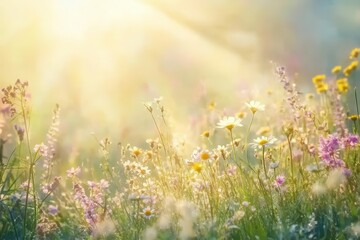 ethereal spring meadow at golden hour, wildflowers swaying in gentle breeze, soft sunbeams filtering through clouds, creating dreamy atmosphere with bokeh effect