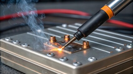 Obraz premium A closeup of a soldering iron in action fusing connections on a power cell with molten solder glistening against the metallic surface illustrating the technical skill involved.