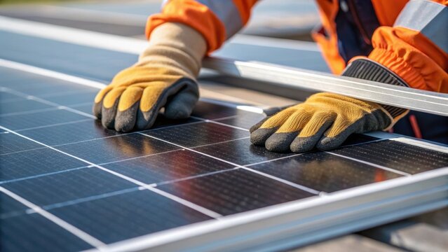 A closeup of a workers gloves gripping a solar panel frame showing both the protective gear and the sy material of the installation emphasizing safety and durability.