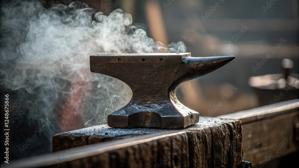 Poster A closeup of the anvil itself showing the intricate texture of its surface with the freshly shaped piece of metal resting atop steam rising as it cools creating an ethereal