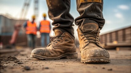A closeup of the apprentices boots covered in dust and dirt symbolizing hard work and commitment with the blurred image of a work site and colleagues in the background emphasizing
