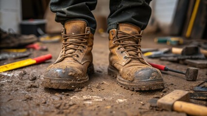 A closeup of the apprentices rugged boots firmly planted on the ground surrounded by tered tools and materials. The mud caked around the soles conveys dedication to the work and an