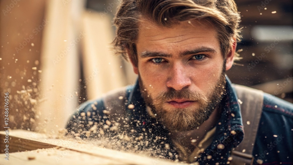Poster A closeup of the carpenters intense gaze reveals a blend of concentration and passion with speckles of sawdust accentuating their cheekbones as they stand amidst a cloud of wood