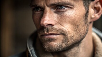 Fototapeta premium A closeup of the carpenters chiseled jawline etched with subtle signs of labor